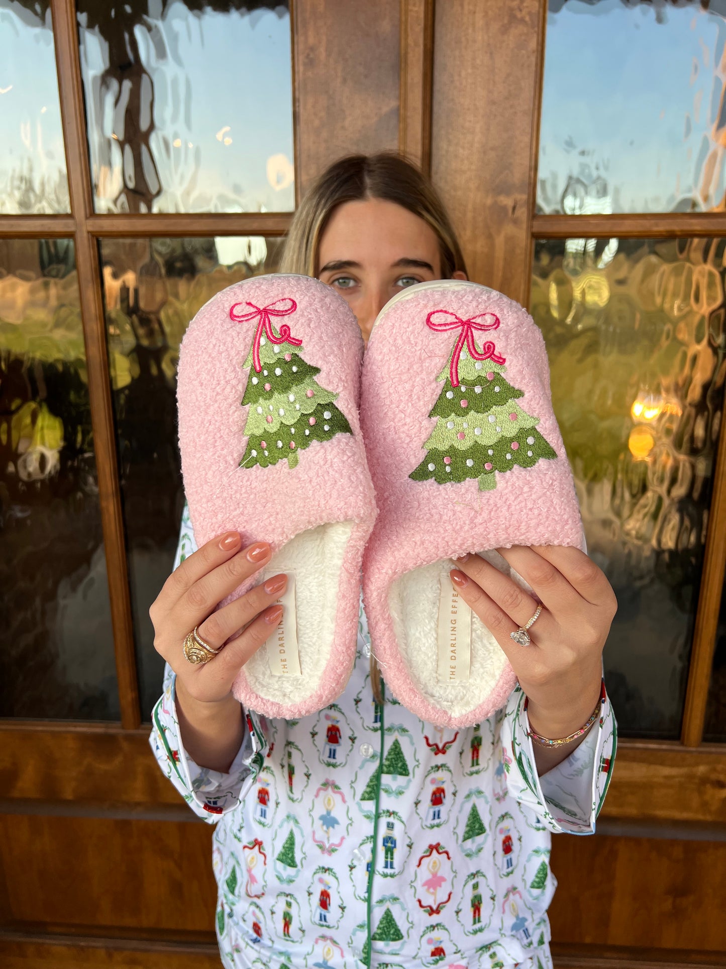 Fuzzy Pink Twinkling Trees Slippers