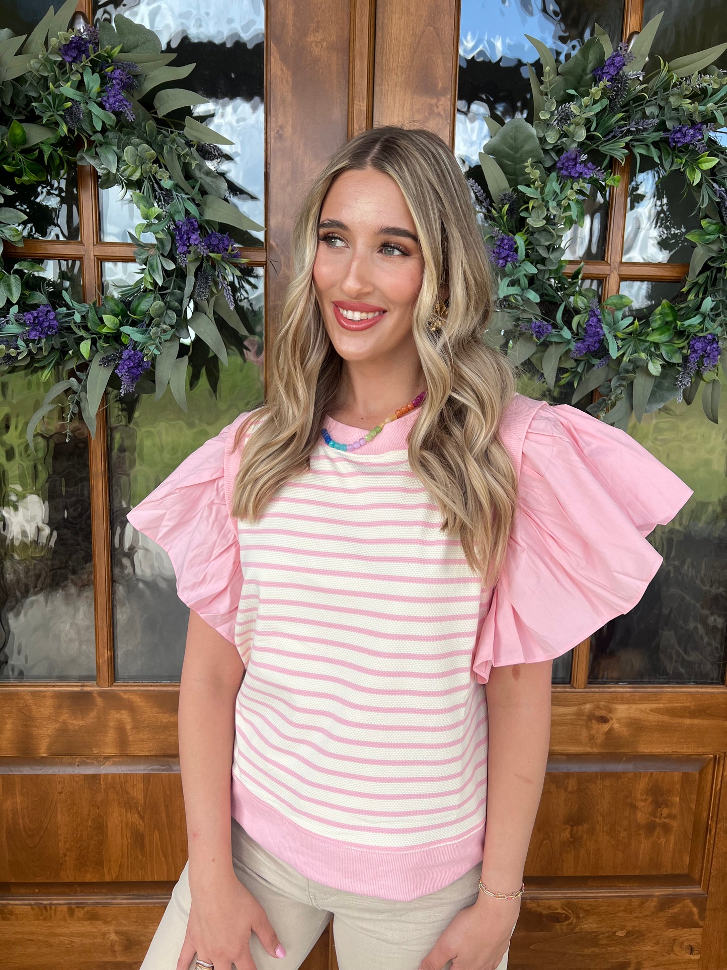 The Jenna Pink Striped Ruffly Sleeve Top