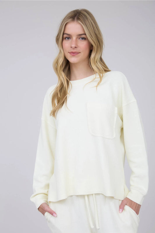 The Madison Cream Washed Pocket Detail Long Sleeve Rib Knit Top