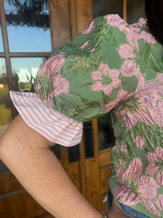 The Tracy Striped Ruffle Detailed Jaquard Top