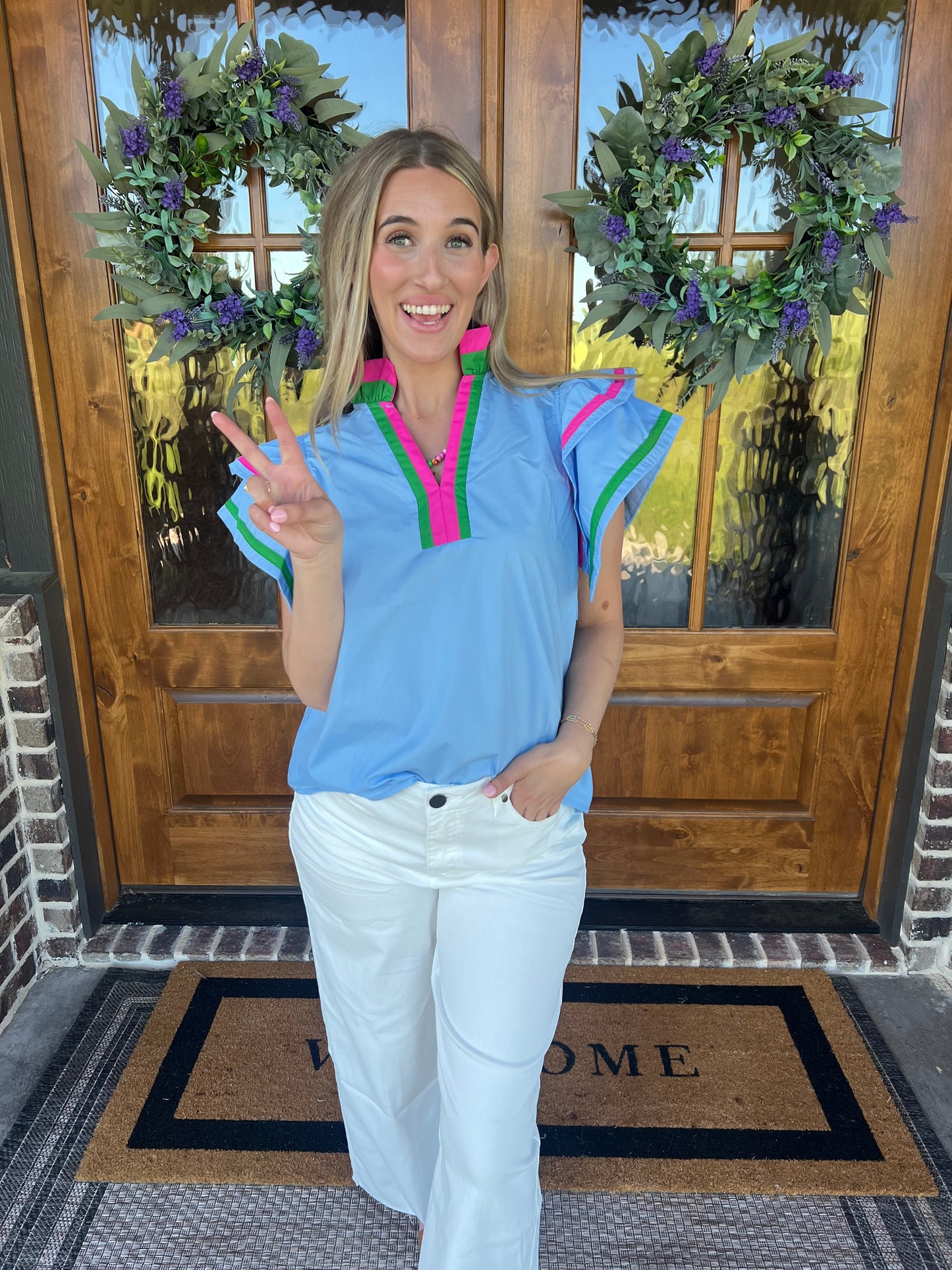 The April Chambray With Green/Pink Trimming Top