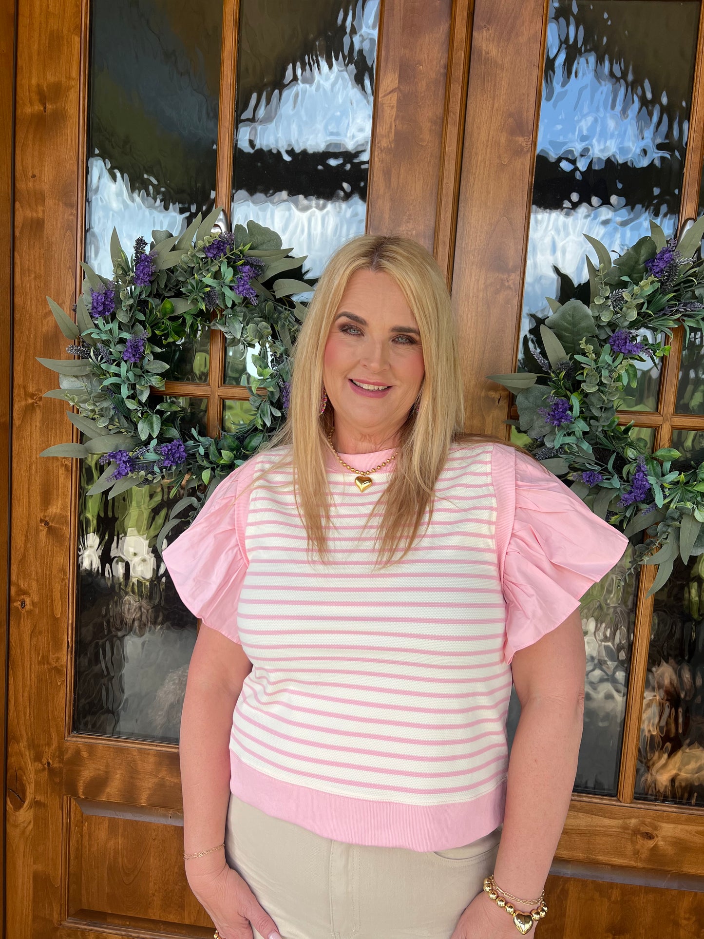 The Jenna Pink Striped Ruffly Sleeve Top
