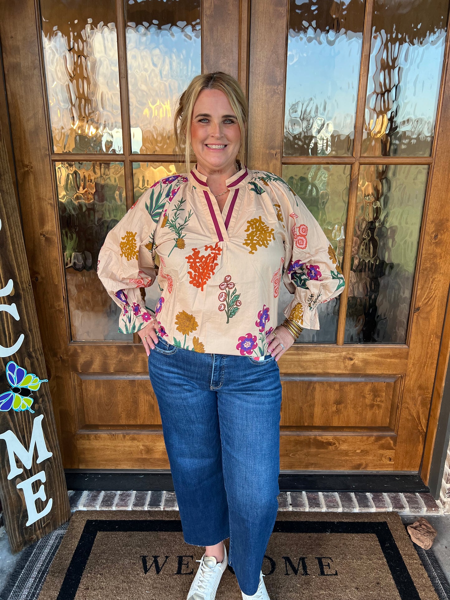 The Pam Tan Floral Print V Neck Open Collar Top