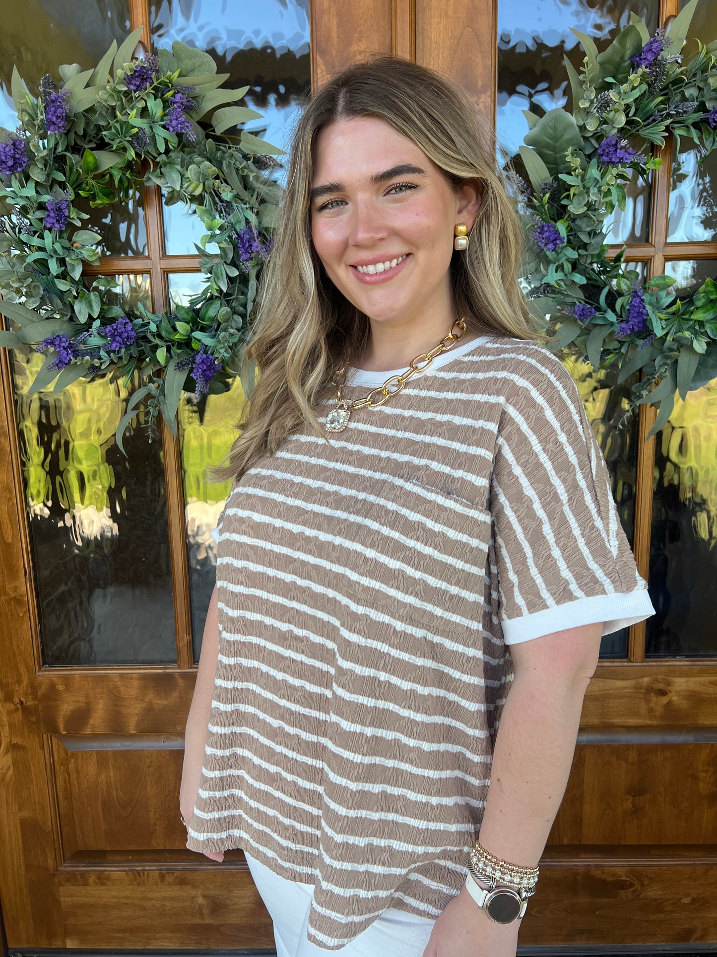 The Honey Latte Short Sleeve Textured Stripe Top