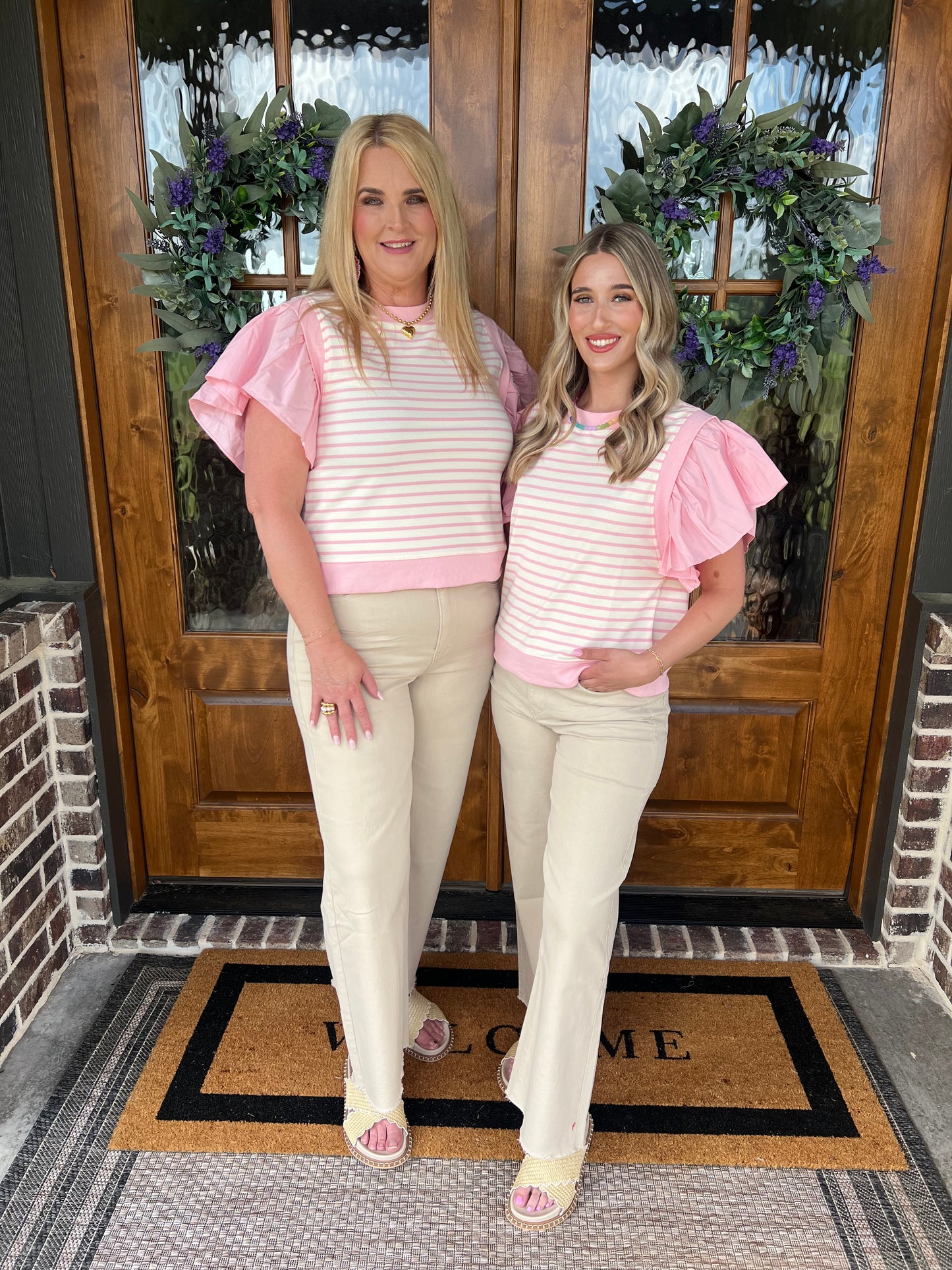The Jenna Pink Striped Ruffly Sleeve Top