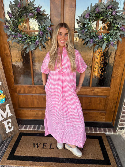 The Chloe Pink Gingham Midi Dress