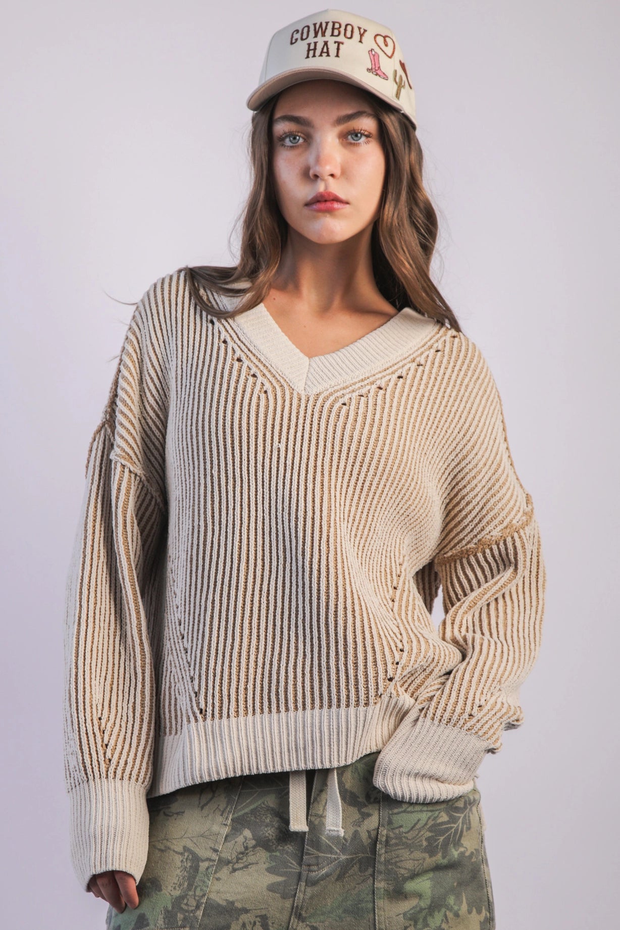 The Shauna Cream Oversized Two Tone Knit Casual Sweater Top
