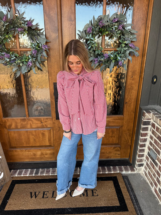 The River Red Long Sleeve Loose Fit Plaid Casual Blouse