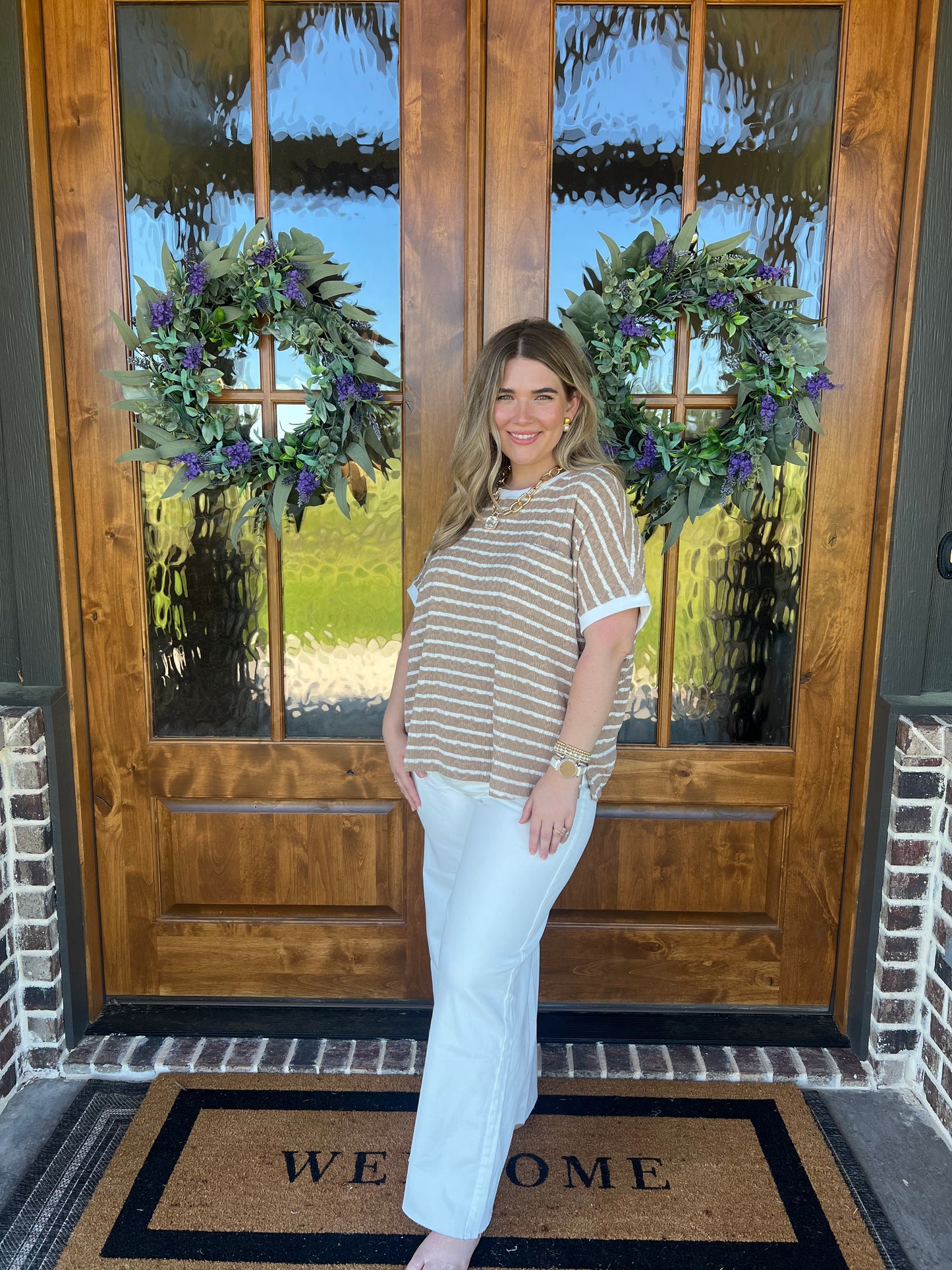 The Honey Latte Short Sleeve Textured Stripe Top
