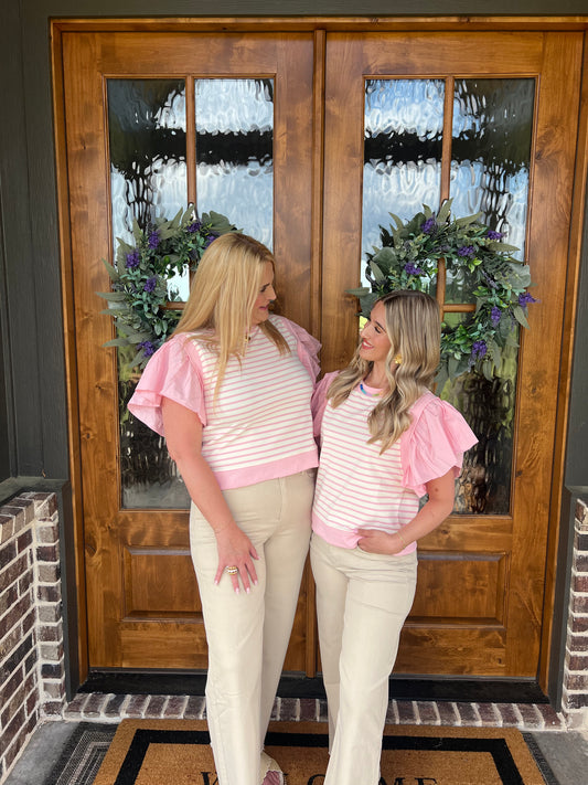 The Jenna Pink Striped Ruffly Sleeve Top
