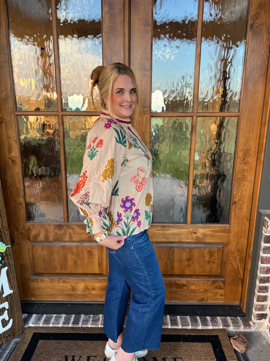 The Pam Tan Floral Print V Neck Open Collar Top