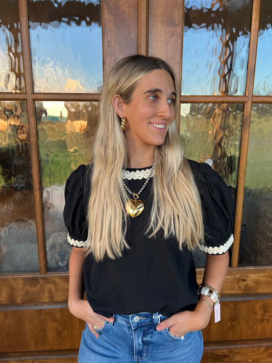 The Sawyer Black Short Sleeve Top Cream Trimming