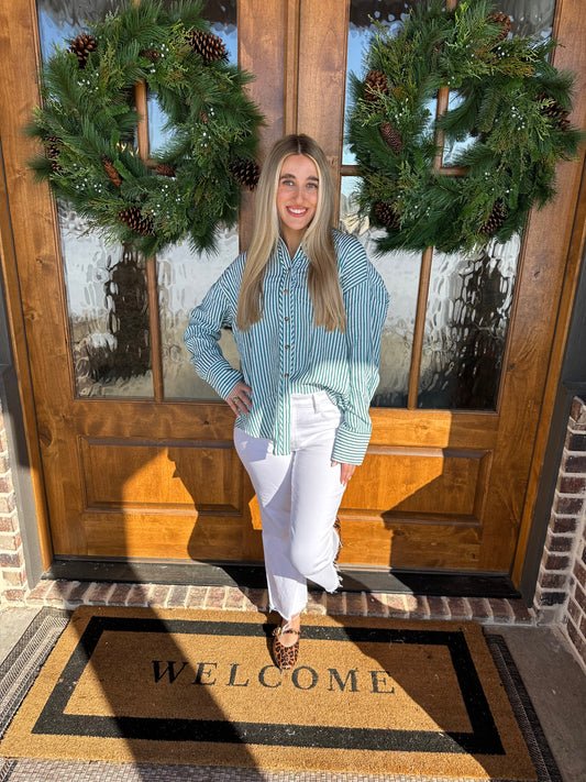 The Pam Green Striped Long Sleeve Button Down