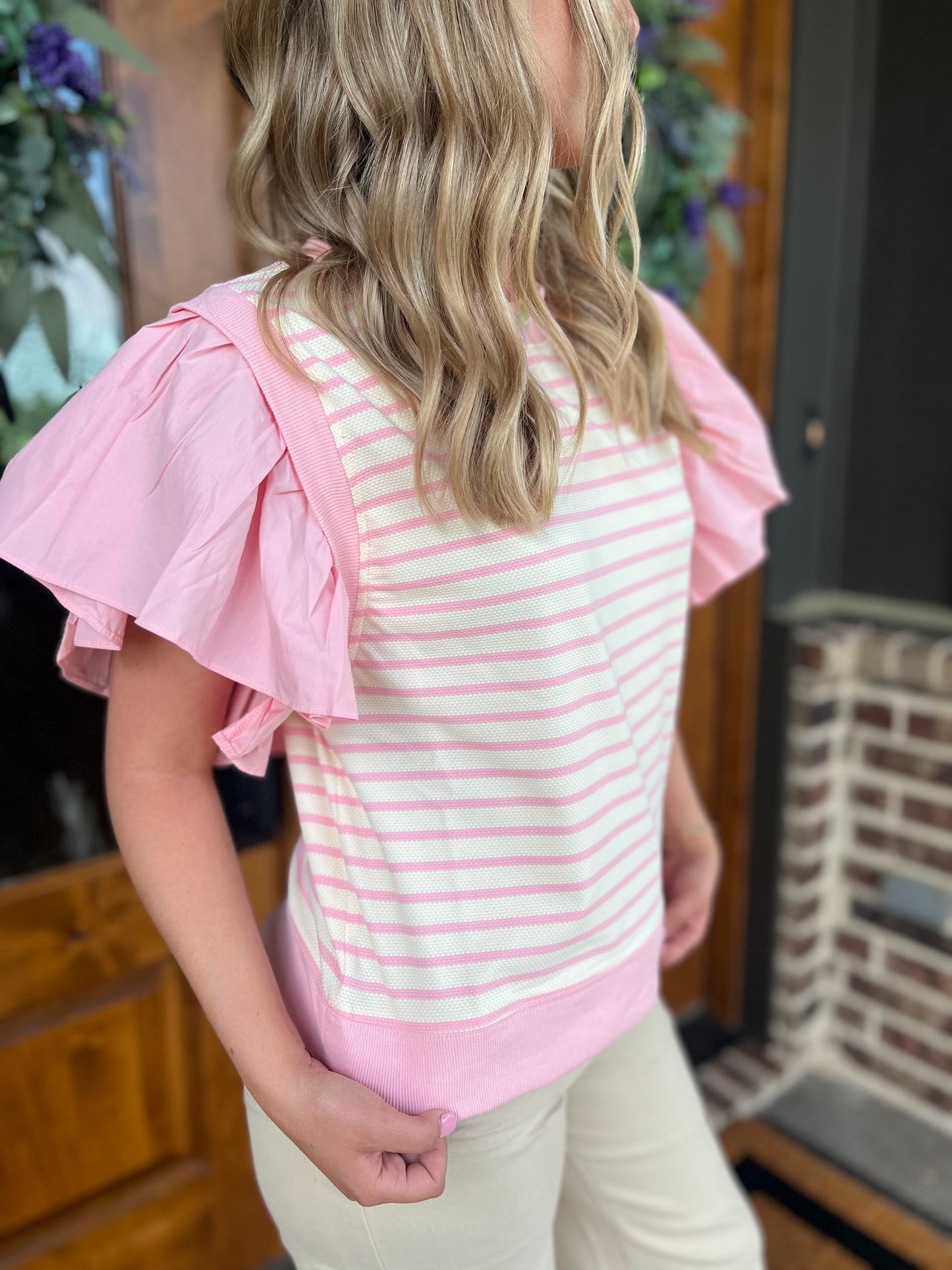The Jenna Pink Striped Ruffly Sleeve Top