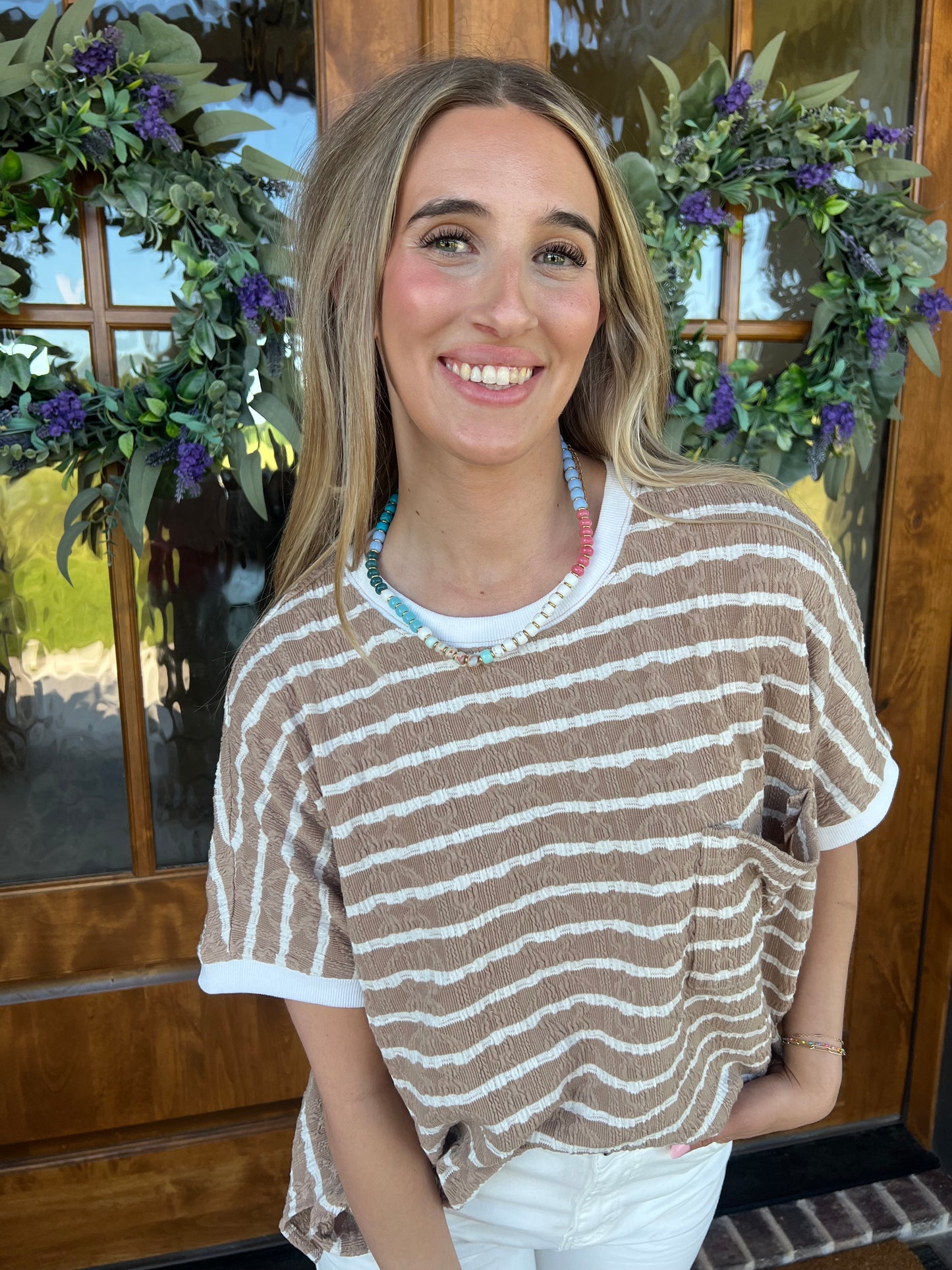 The Honey Latte Short Sleeve Textured Stripe Top