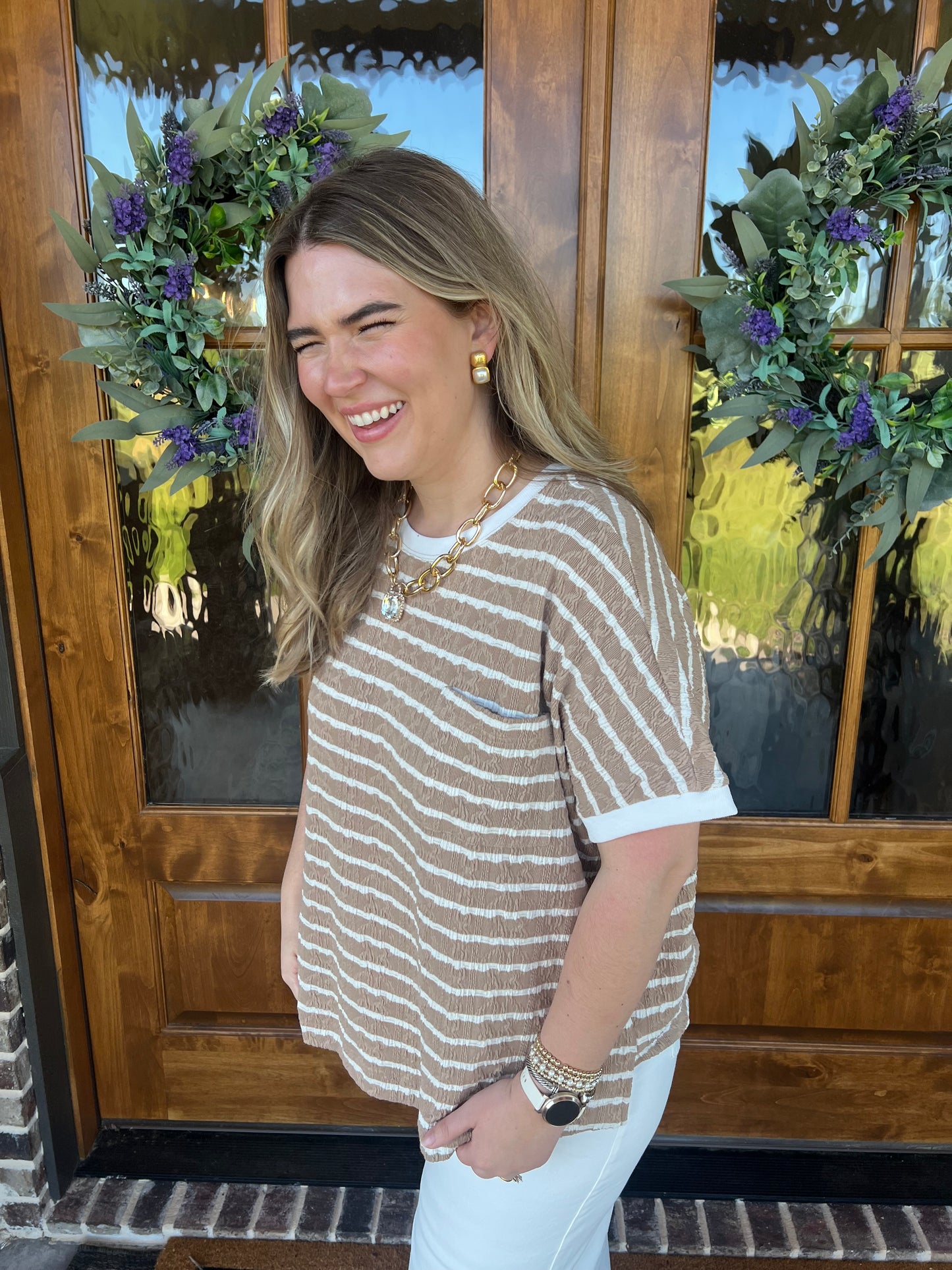 The Honey Latte Short Sleeve Textured Stripe Top