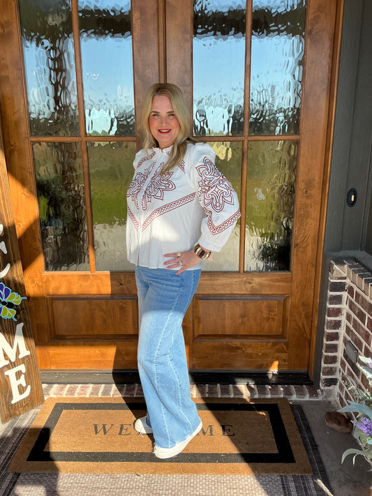 The Haley Embroidered Mock Neck Button Up Top