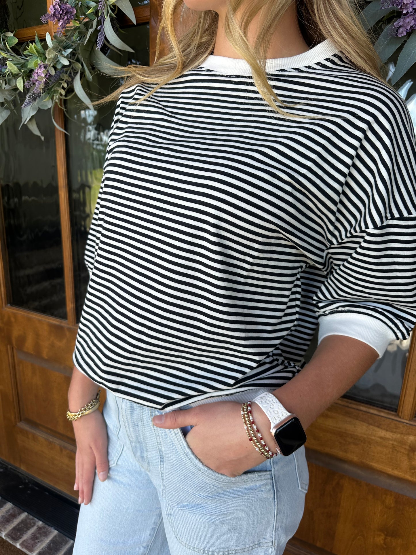 The Stacey Black Striped Contrast Trim Rib Banded Top