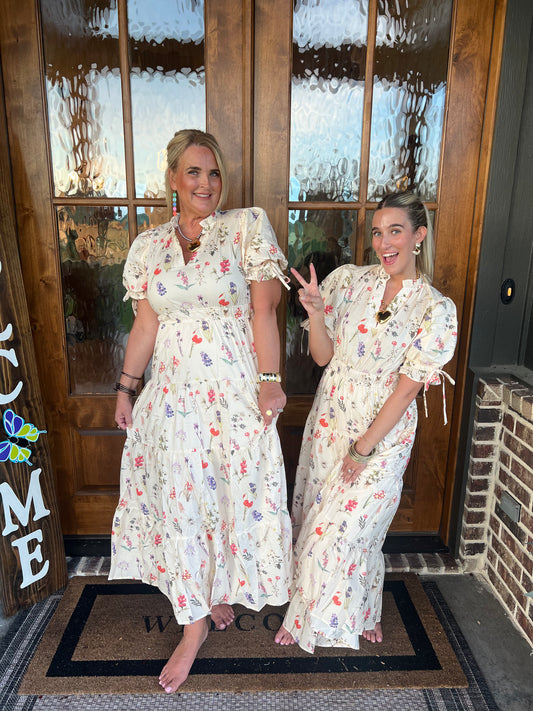 The Abby Ecru Floral Print Tiered Maxi Dress