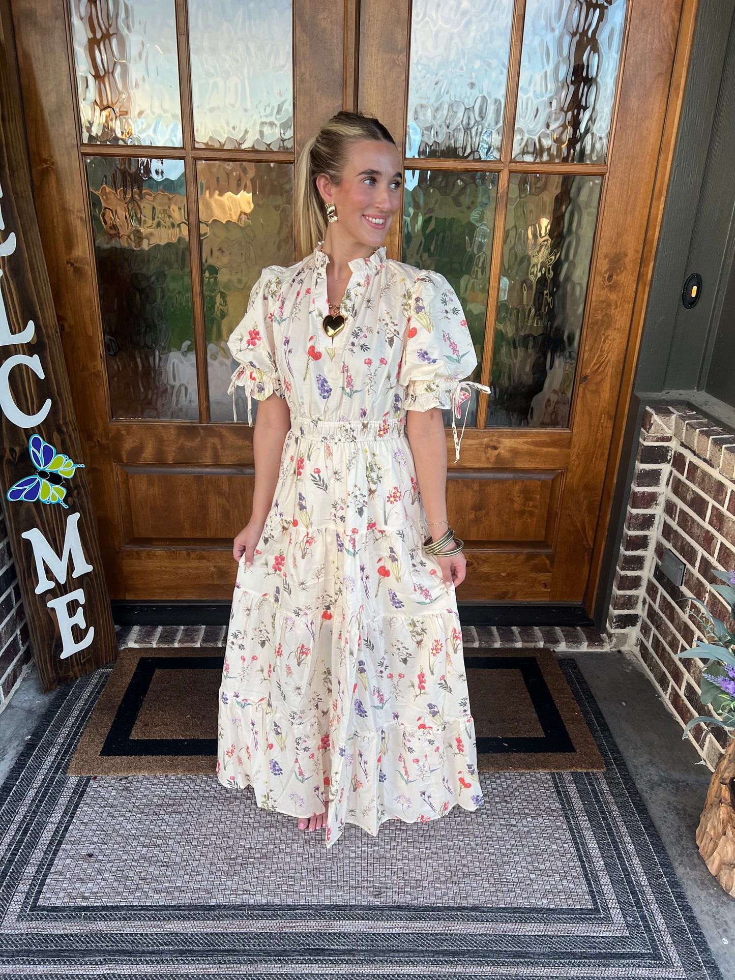 The Abby Ecru Floral Print Tiered Maxi Dress