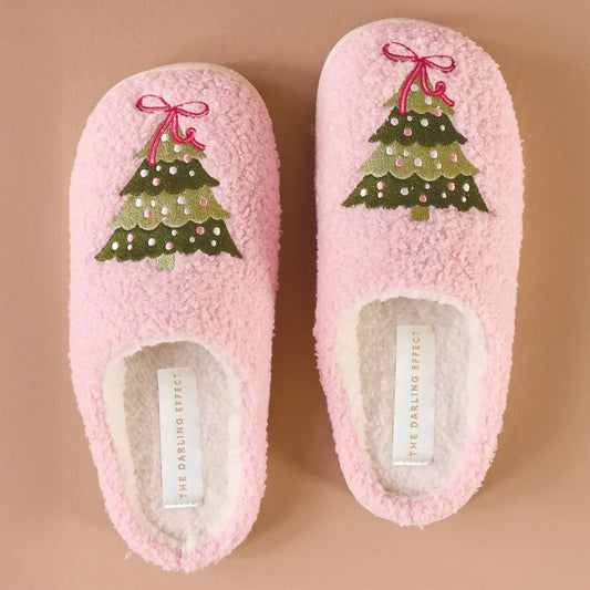 Fuzzy Pink Twinkling Trees Slippers