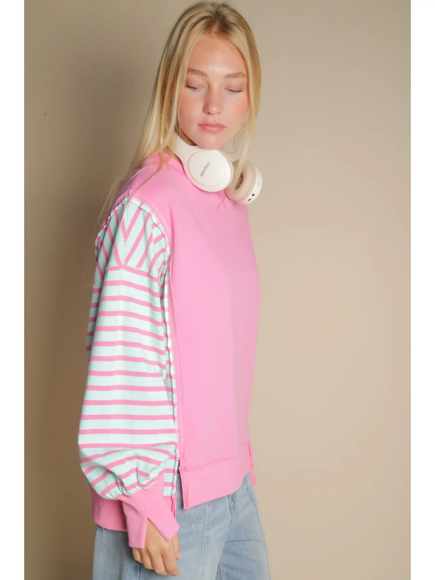 The Rosey Pink Oversized Striped Casual Knit Top