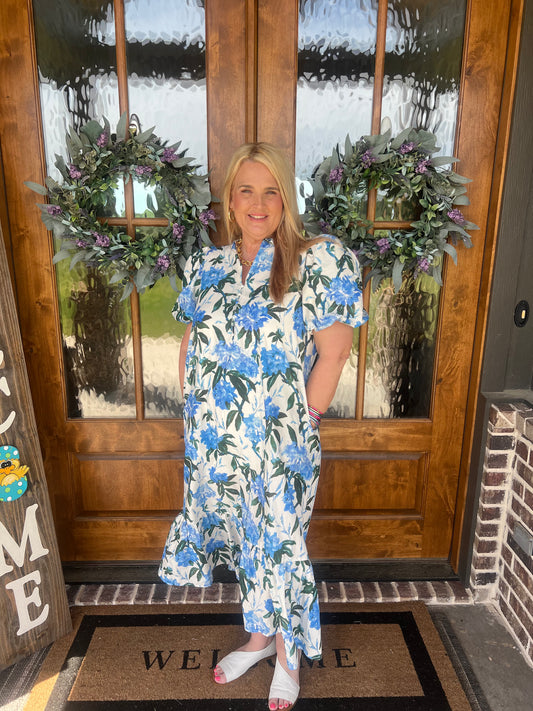 The Willow Floral Print Ruffled Neck Midi Dress