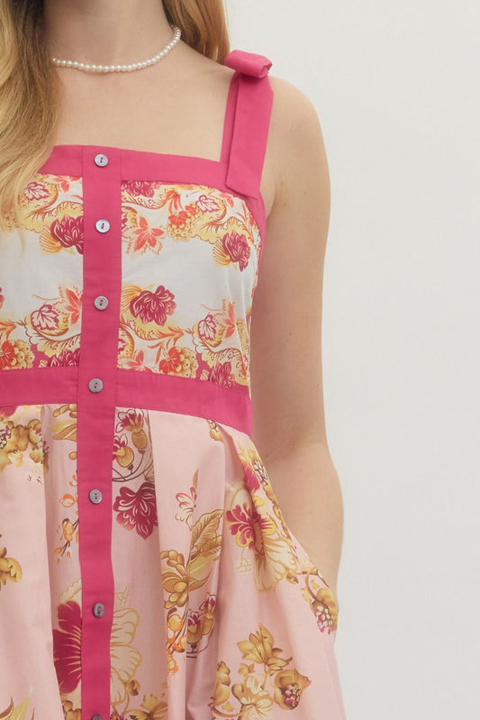 The Avery Floral Print Shoulder Tie Midi Dress