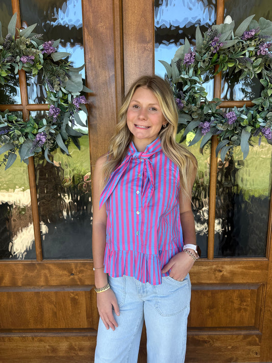 The Penny Blue/Pink Striped Sleeveless Peplum Top