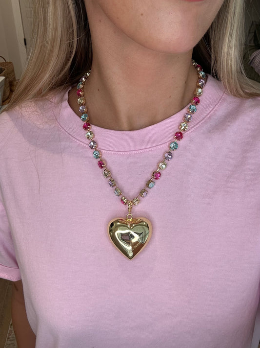 The Ellie Cotton Candy Necklace with Gold Heart & Purple Studs