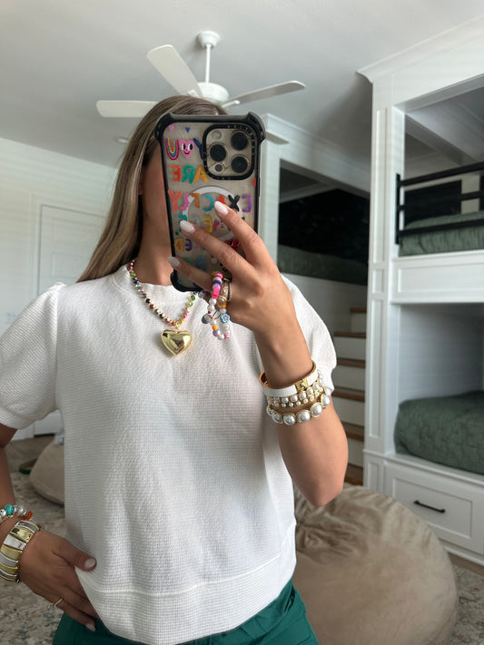 The Isla White Round Neck Puffy S/S Cloudy Knit Top