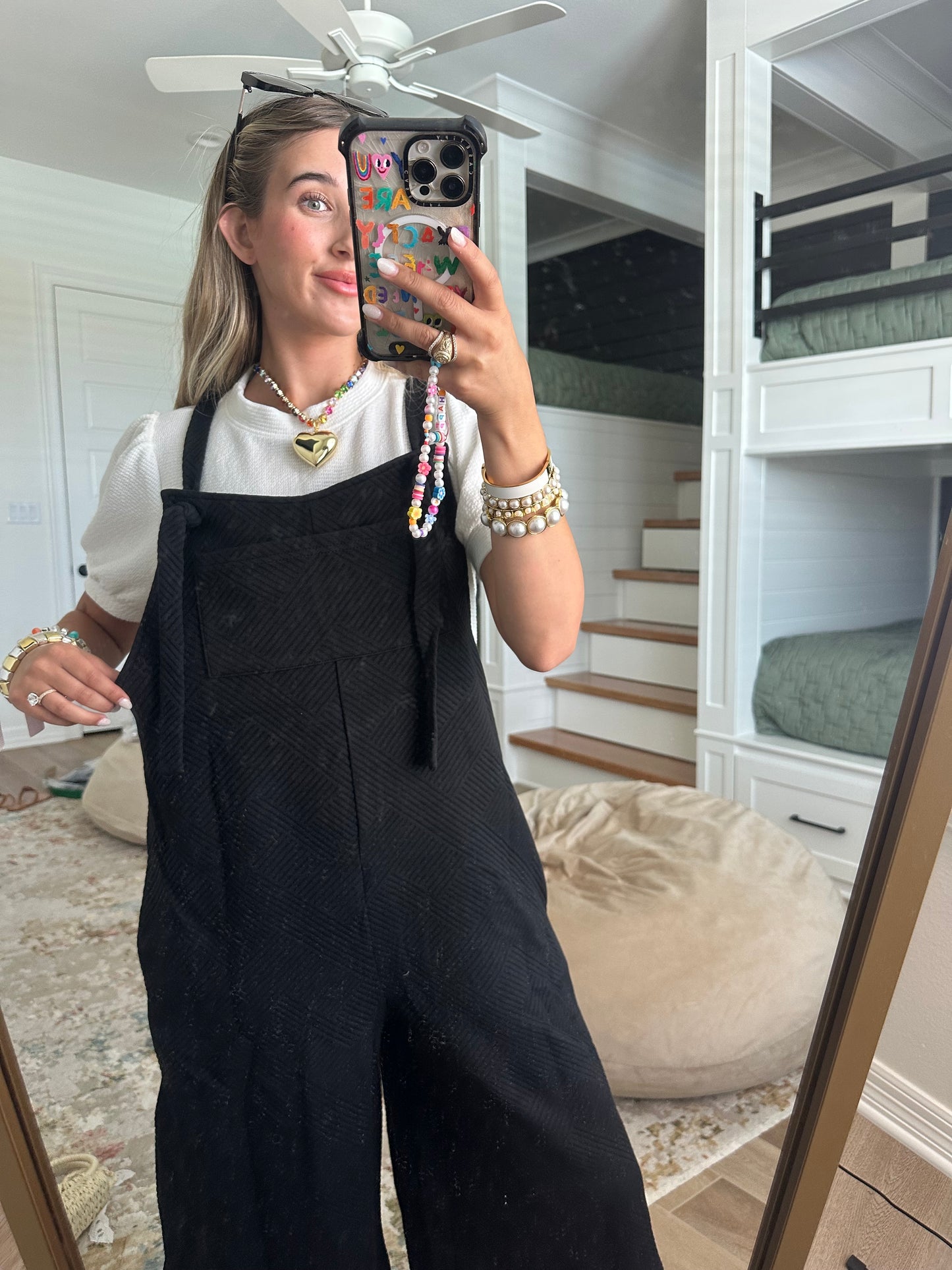 The Allie Black Textured Cropped Overall Pants