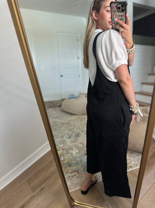 The Allie Black Textured Cropped Overall Pants
