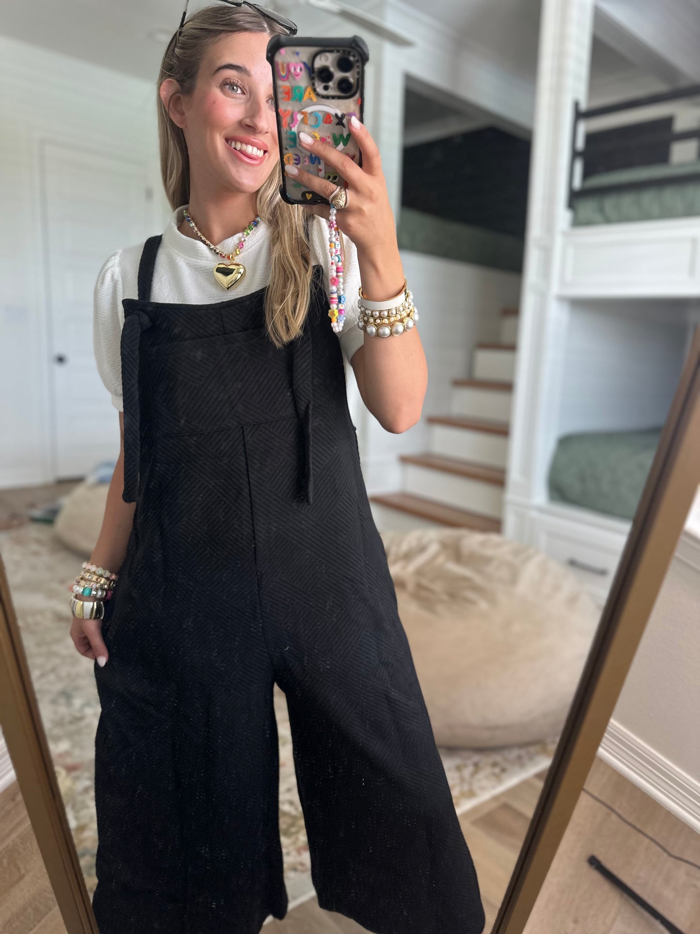 The Allie Black Textured Cropped Overall Pants
