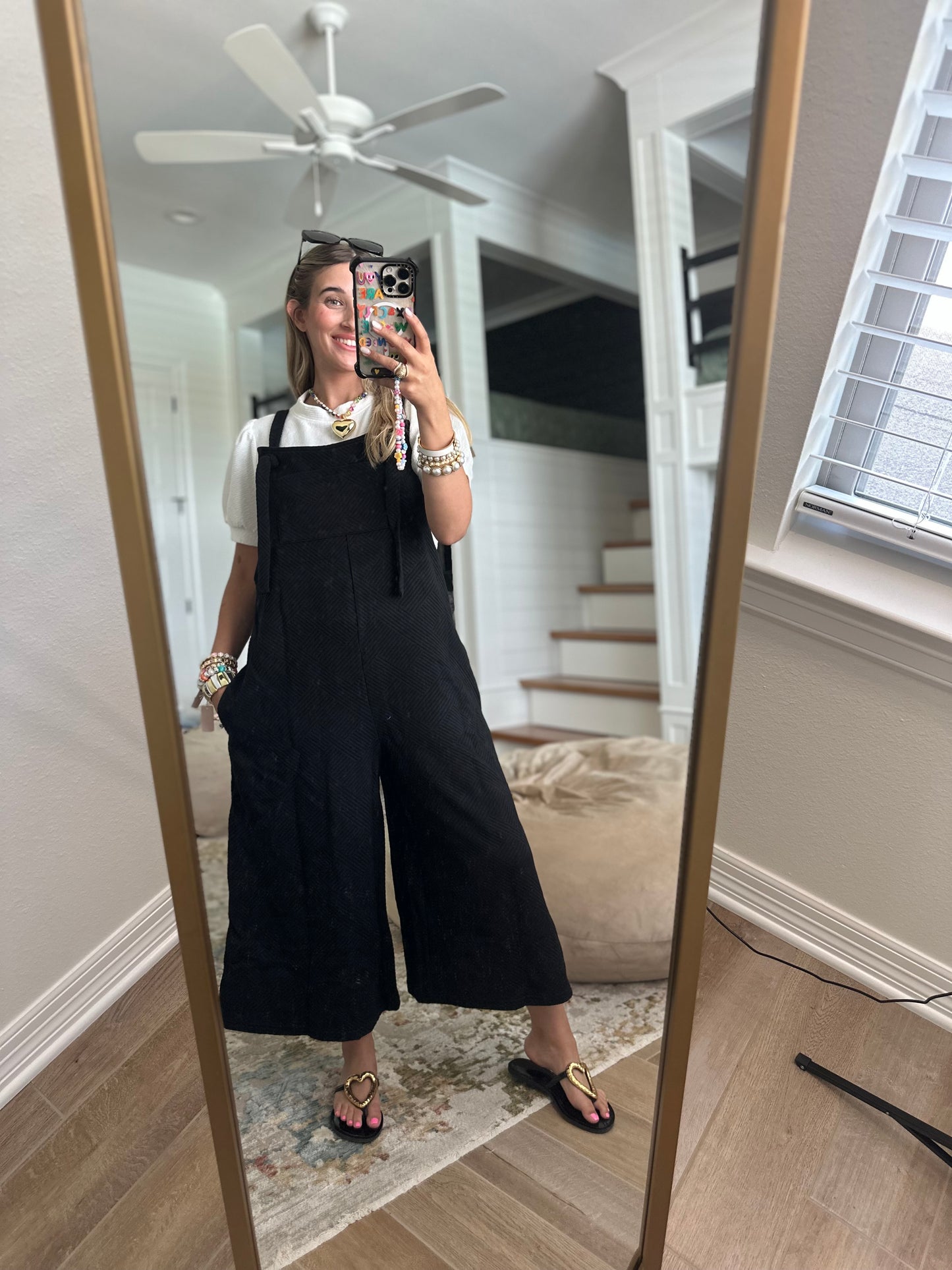 The Allie Black Textured Cropped Overall Pants
