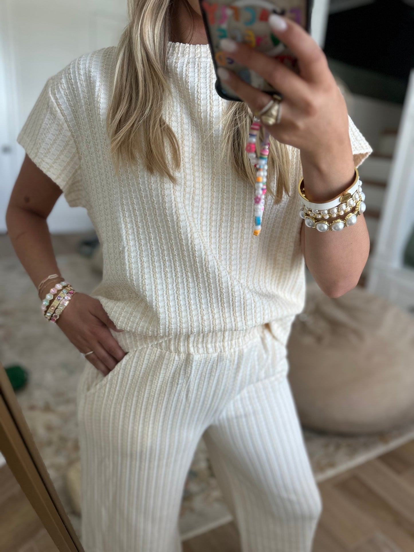 The Megan Cream Texture Pant Set