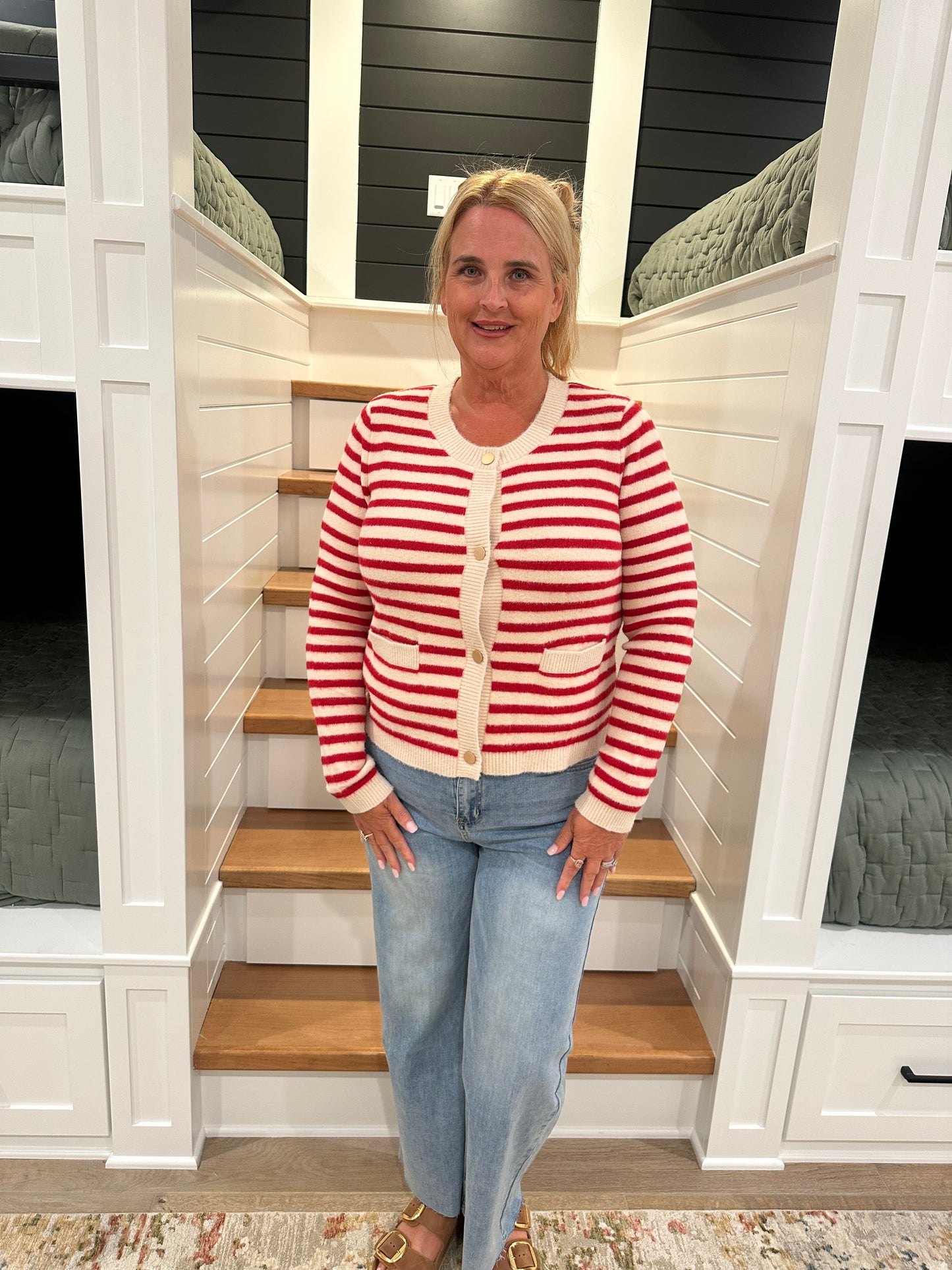 The Valentina Red Striped Knit Button-Up Cardigan