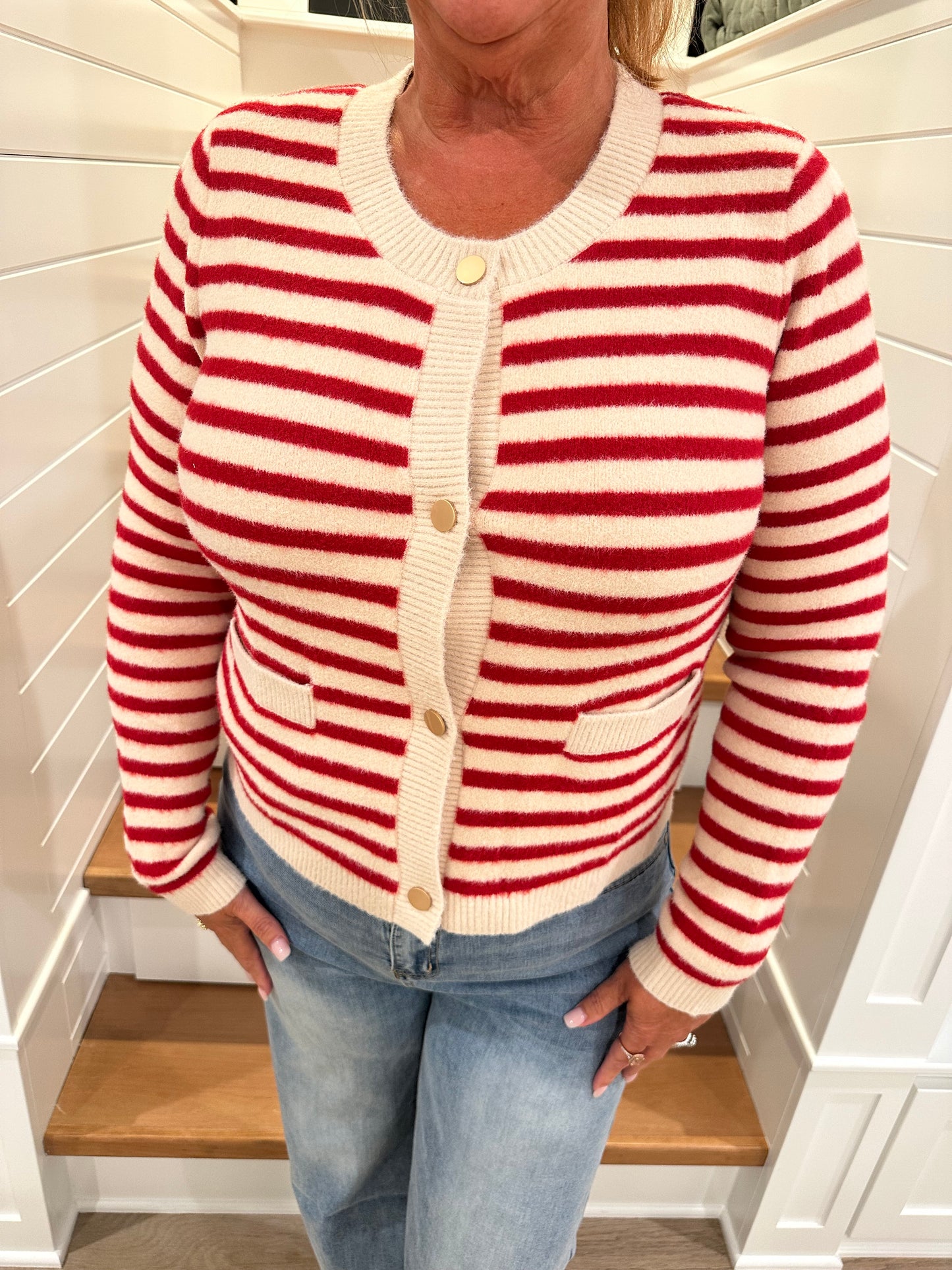 The Valentina Red Striped Knit Button-Up Cardigan