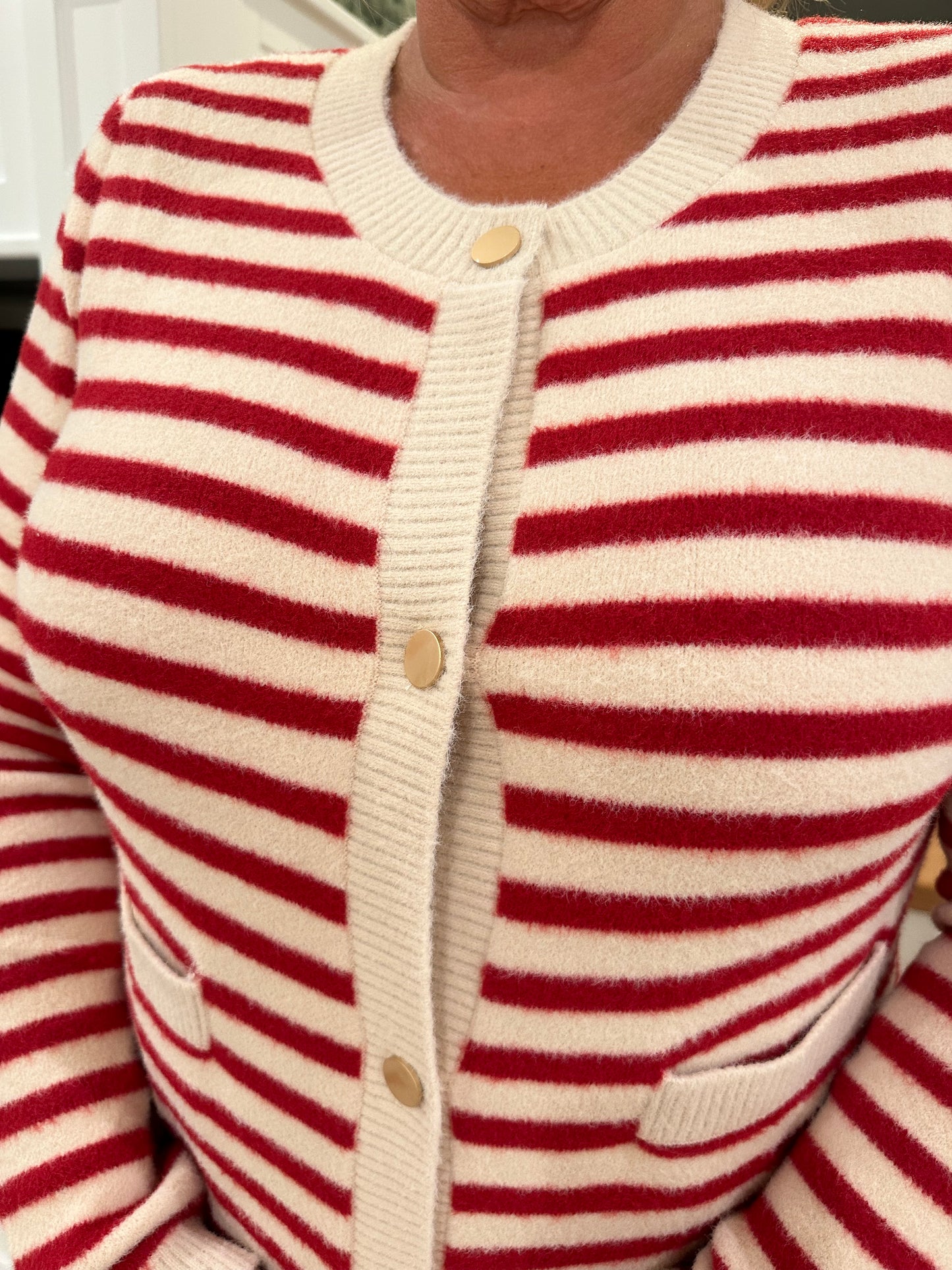 The Valentina Red Striped Knit Button-Up Cardigan