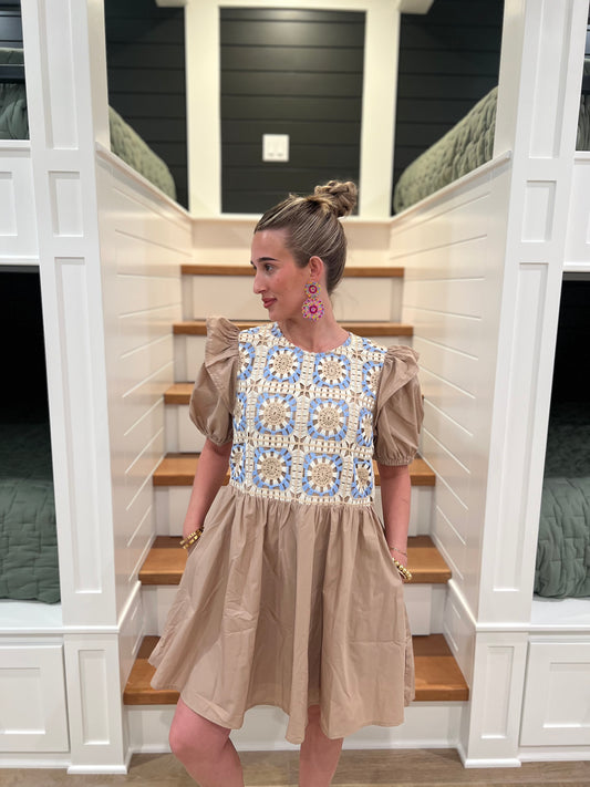 The Lexi Latte Crochet Puff Sleeve Dress