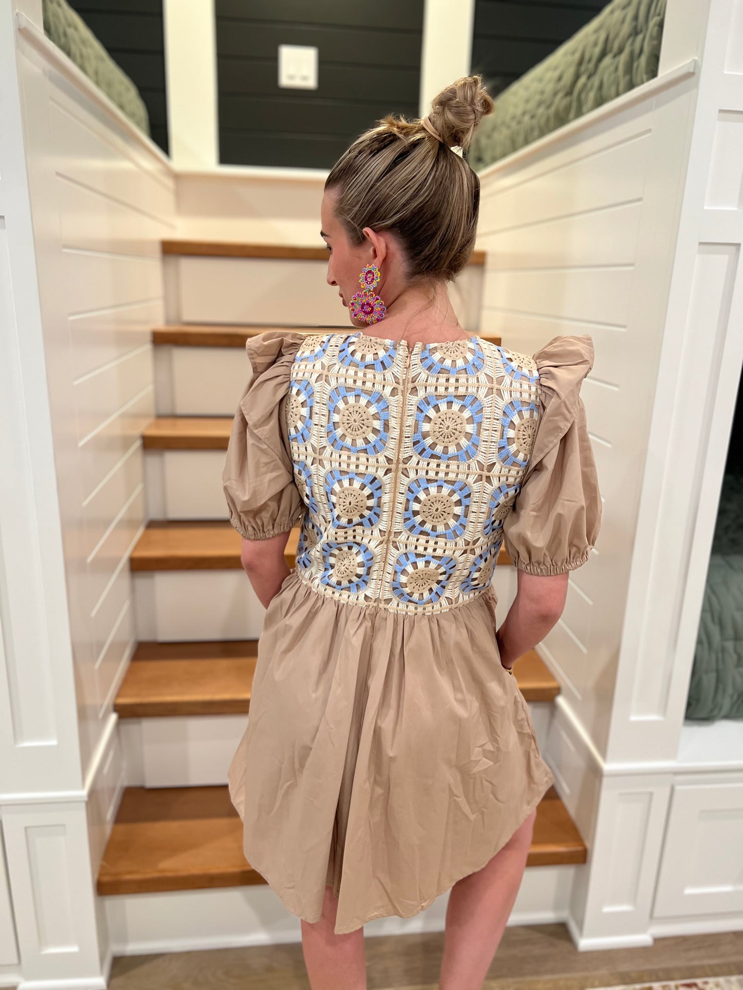 The Lexi Latte Crochet Puff Sleeve Dress