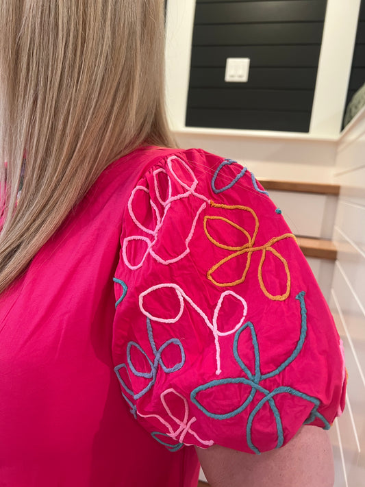 The Donna Pink Embroidered Puff Sleeve Top THML - Final Sale