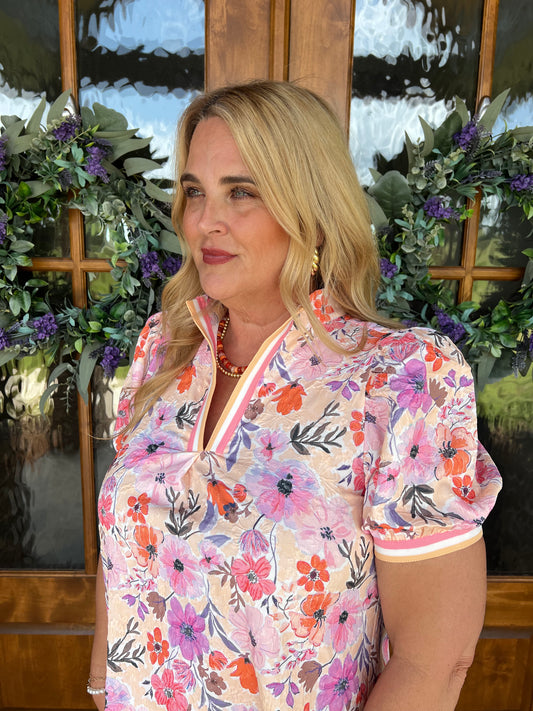 The Cora Peach Floral High Collar Split Neck Top