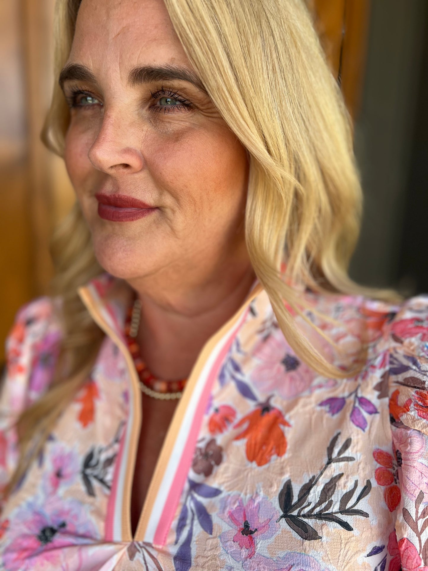 The Cora Peach Floral High Collar Split Neck Top