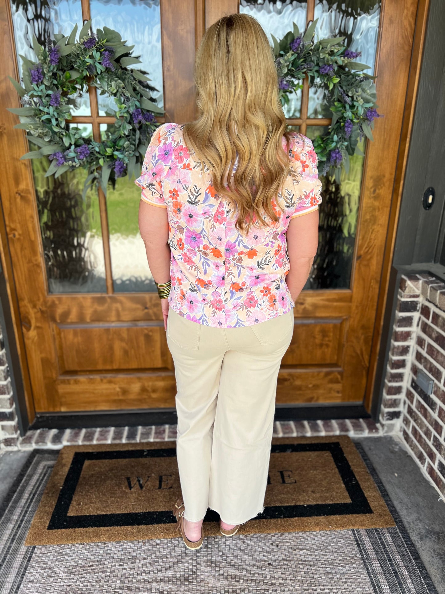 The Cora Peach Floral High Collar Split Neck Top