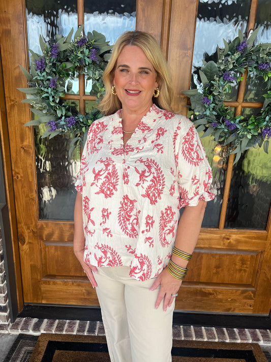 The Robin Paisley Print V-neck Ruffle Trim Top