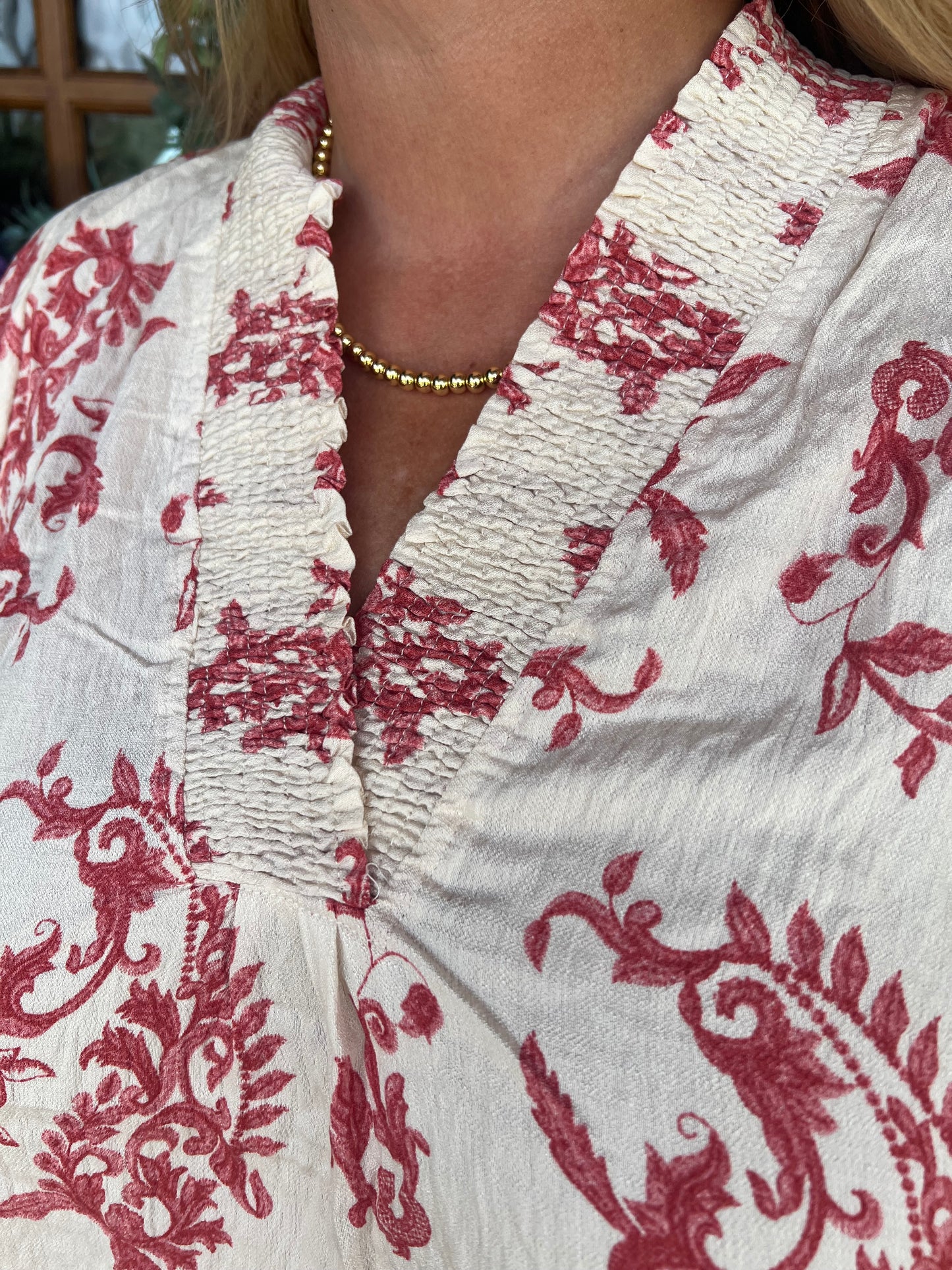 The Robin Paisley Print V-neck Ruffle Trim Top