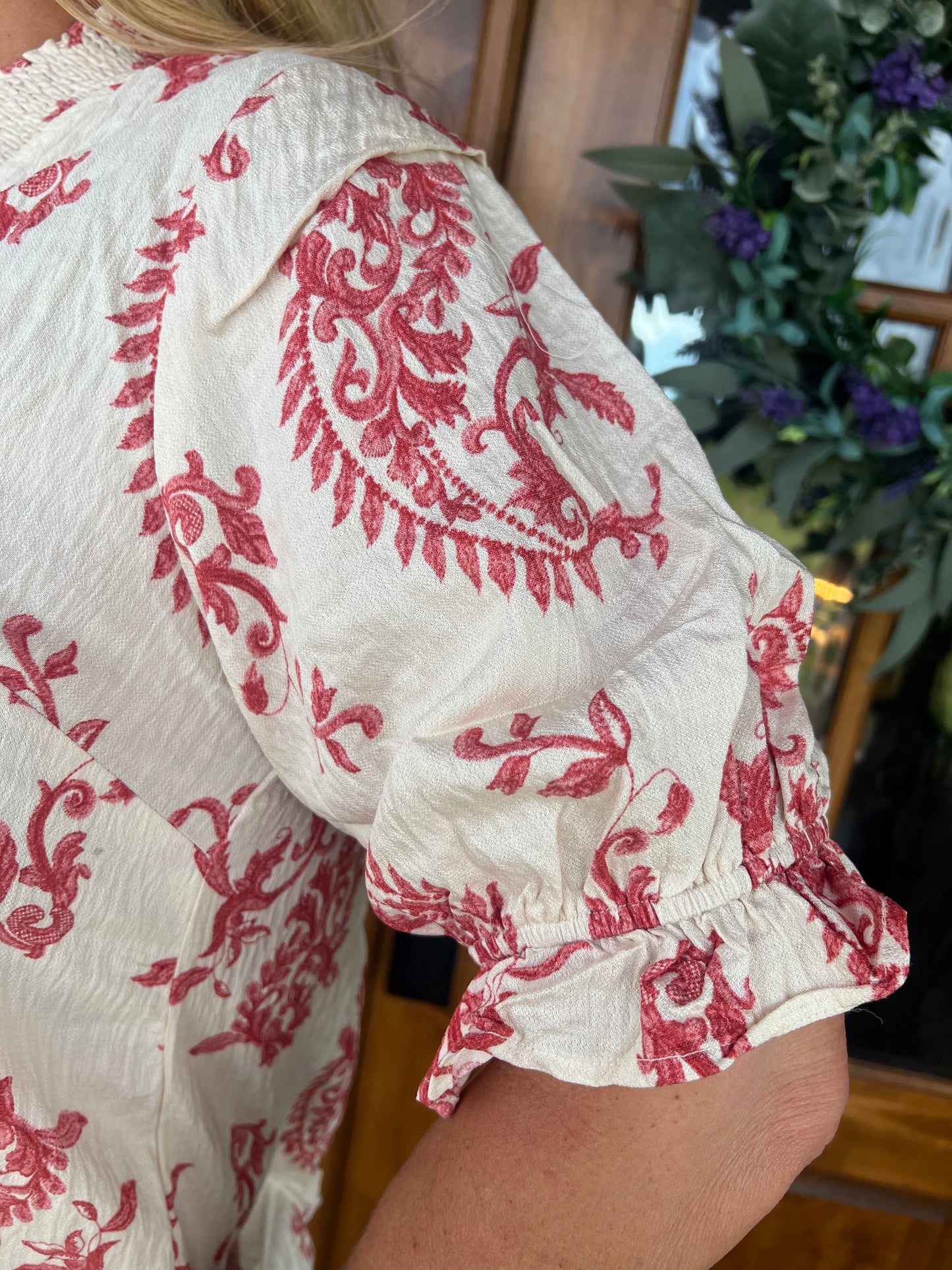 The Robin Paisley Print V-neck Ruffle Trim Top
