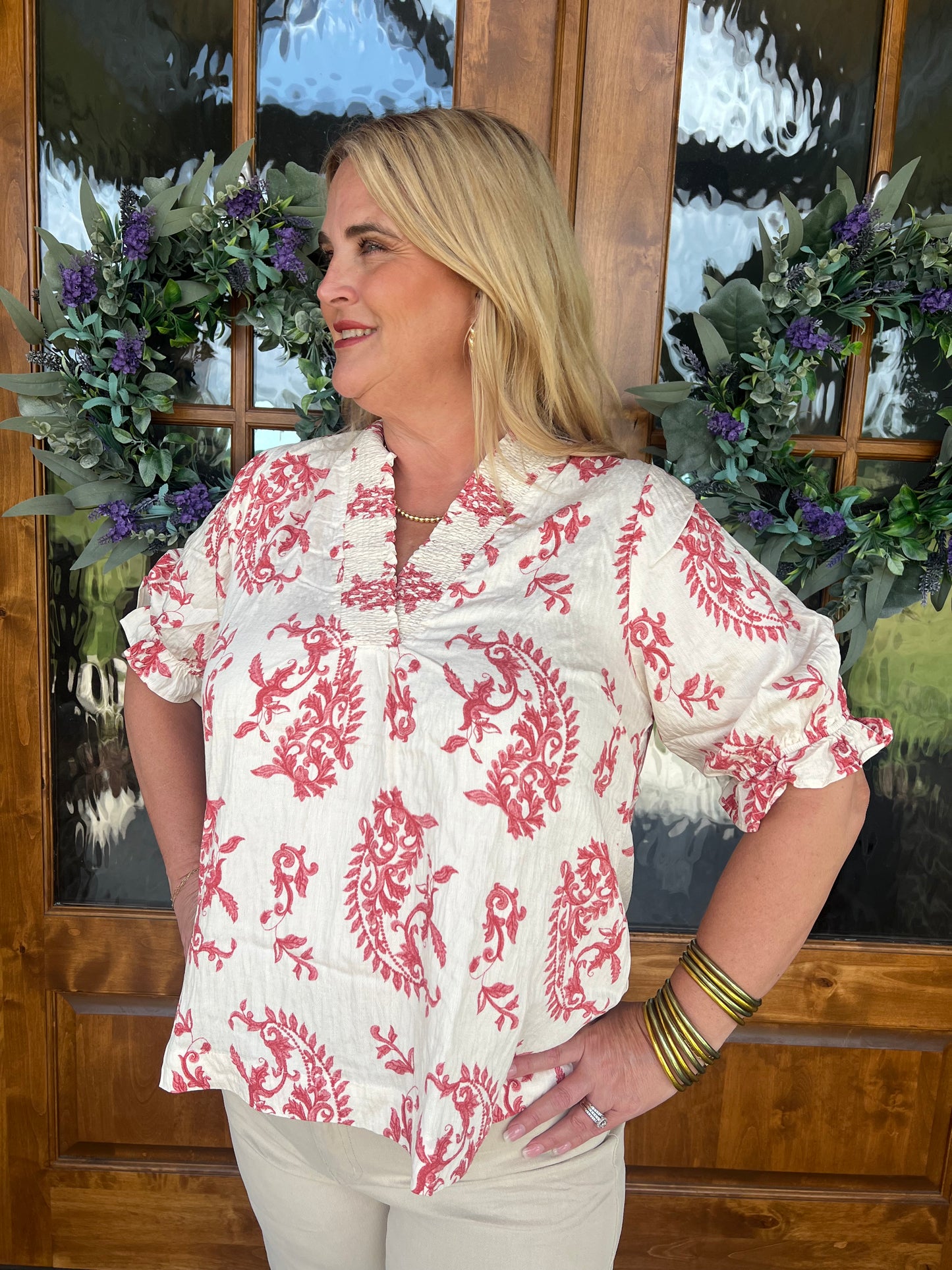 The Robin Paisley Print V-neck Ruffle Trim Top