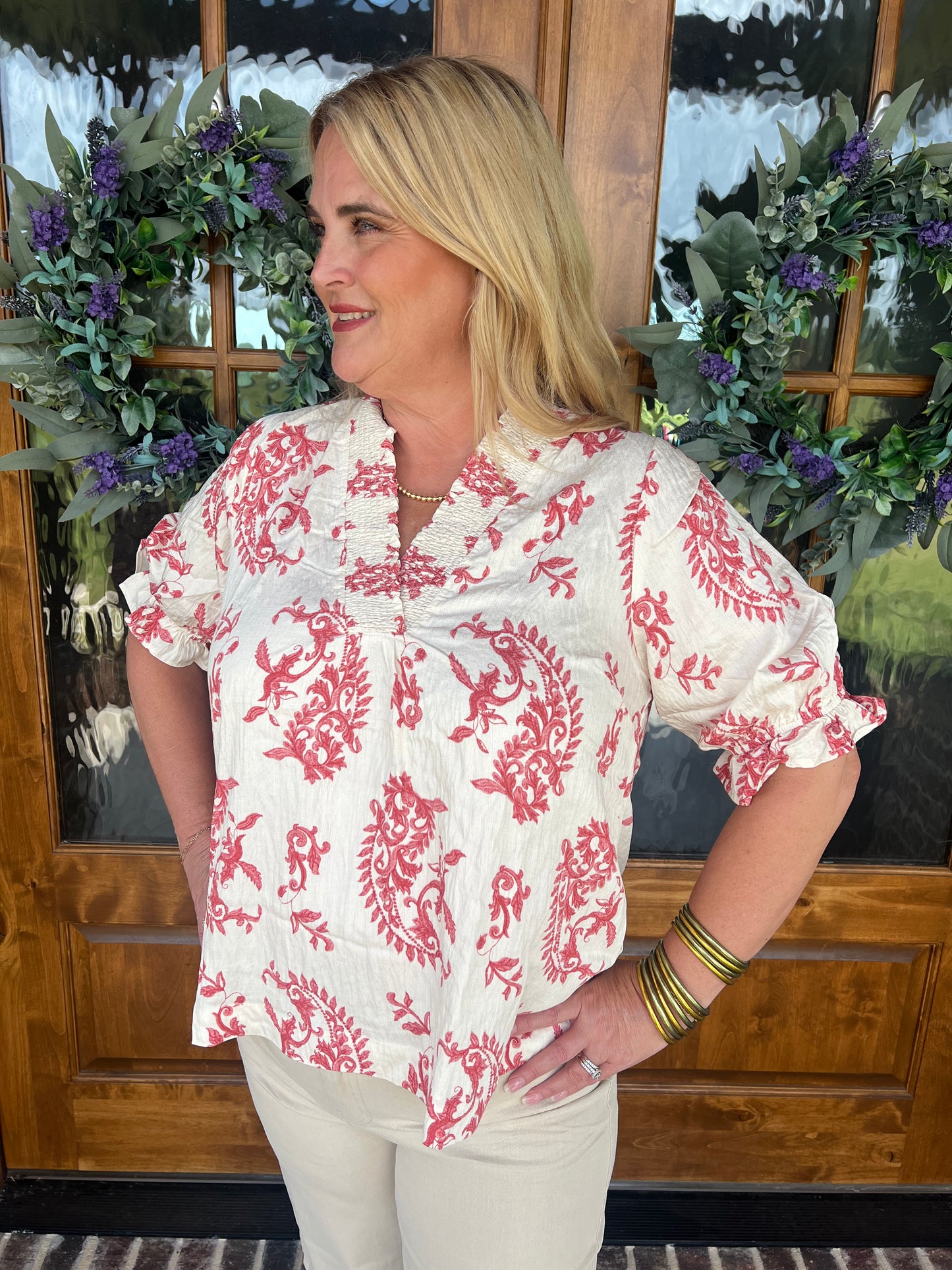 The Robin Paisley Print V-neck Ruffle Trim Top